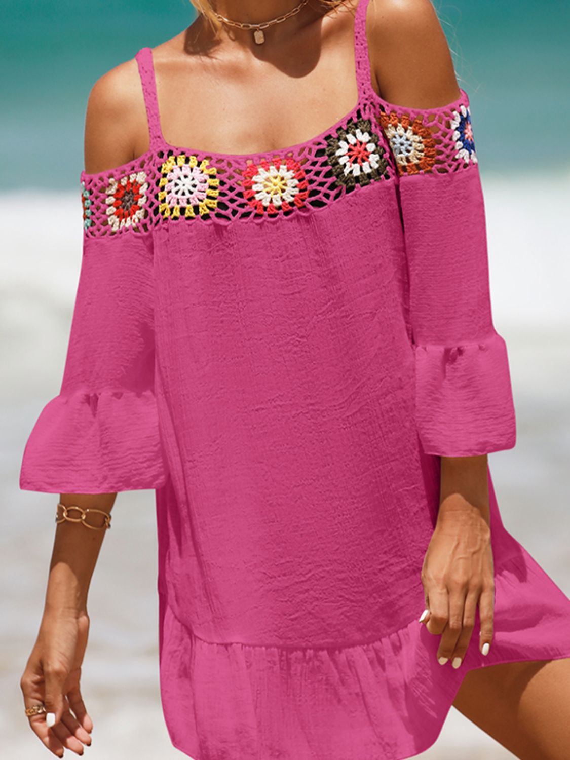 Crochet Cold Shoulder Three-Quarter Sleeve Cover Up Crochet Cold Shoulder Three-Quarter Sleeve Cover Up